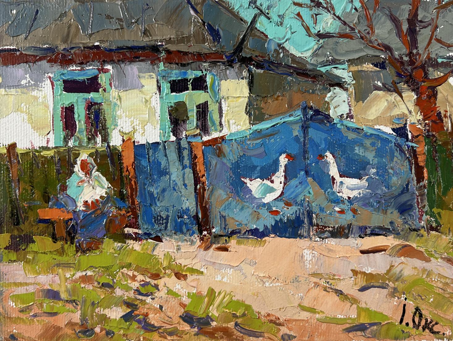 Blue wooden fence with white ducks in Silence of Waiting by Oksana Ivanyuk oil painting