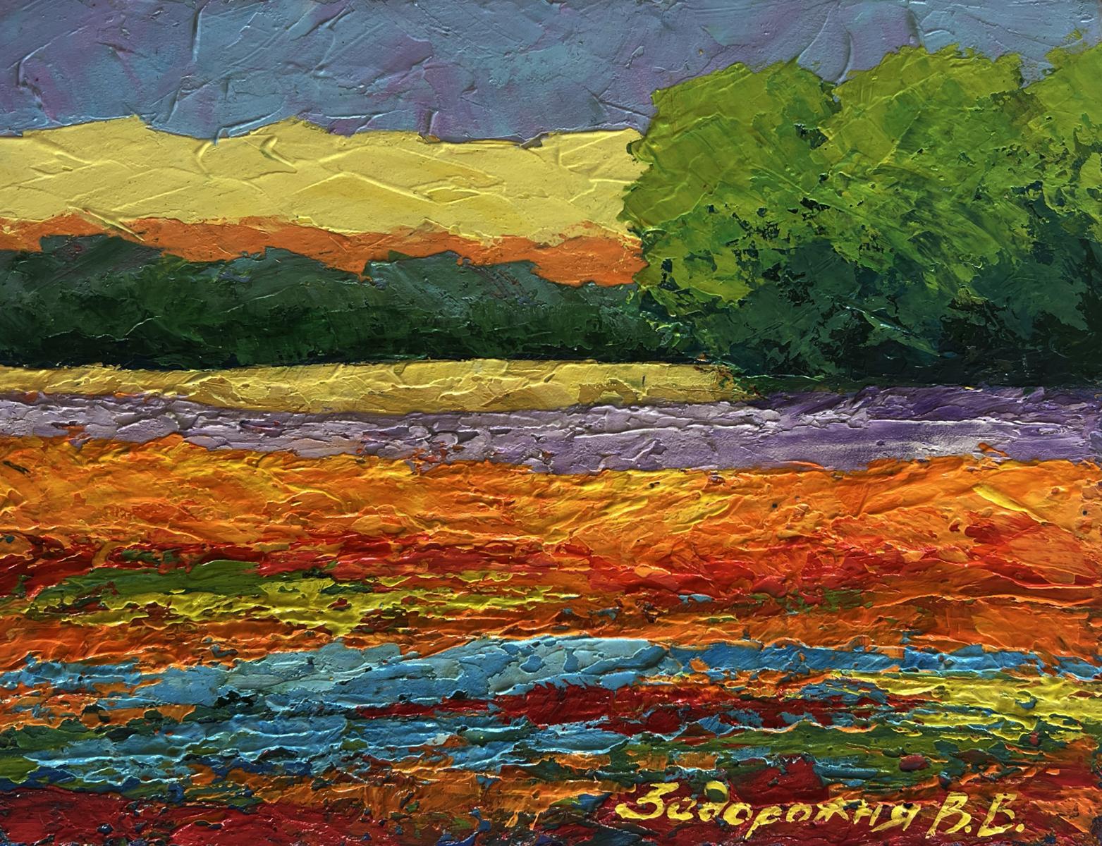 Vibrant impressionist oil painting Summer evening in the colors of nature by V. Zadorozhnya