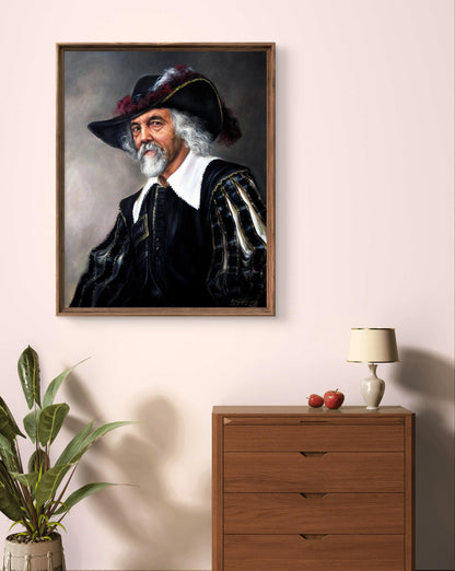 Framed oil painting portrait of man with white hair beard black hat red feathers Valeriy Bulat Keep your friends luck