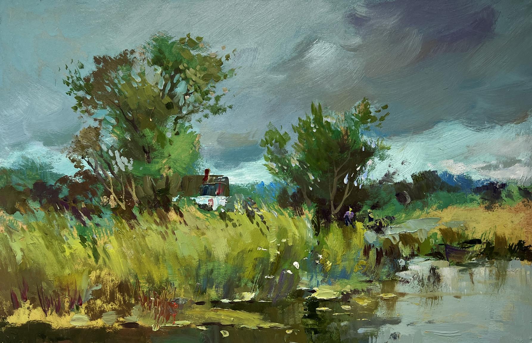 Oil painting of white van with red blue markings behind green trees on village outskirts by Yuriy Suprunchuk