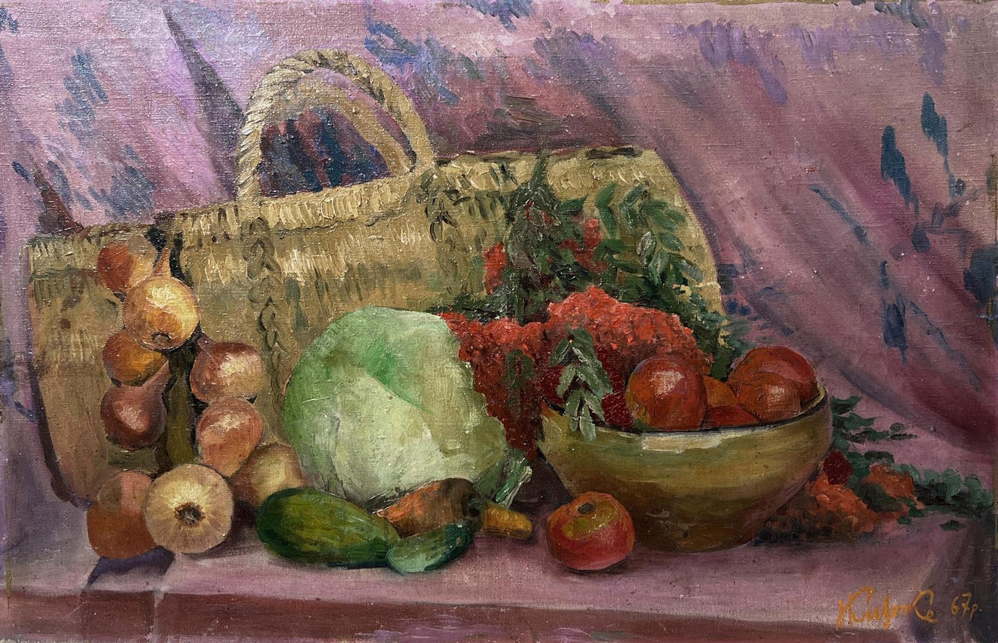 Oil painting by Nestor Kizenko: wicker basket with tomatoes, herbs