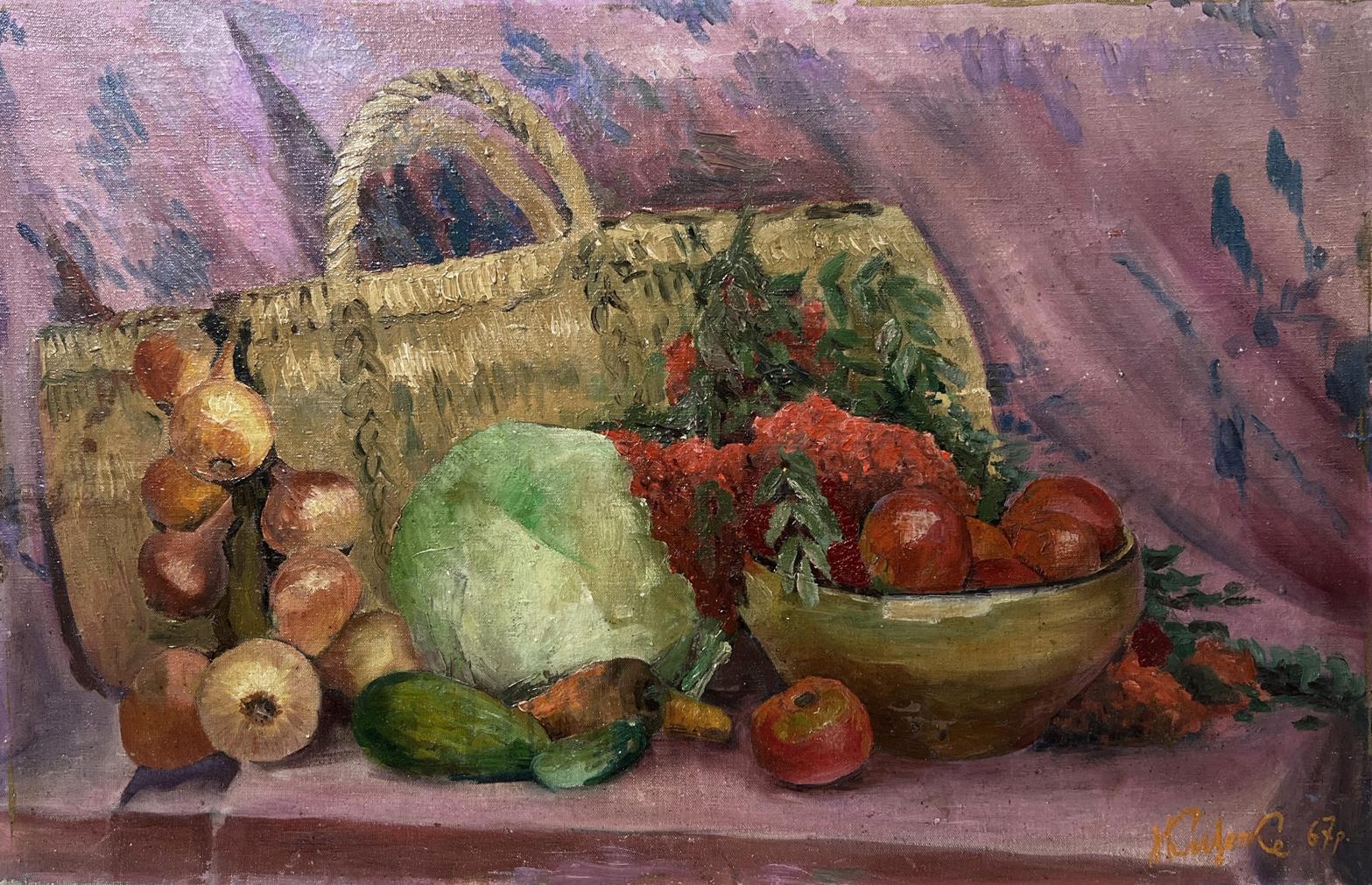 Oil painting by Nestor Kizenko: wicker basket with tomatoes, herbs
