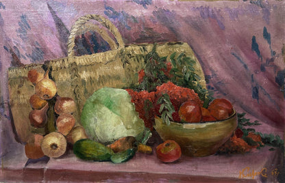 Oil painting by Nestor Kizenko: wicker basket with tomatoes, herbs