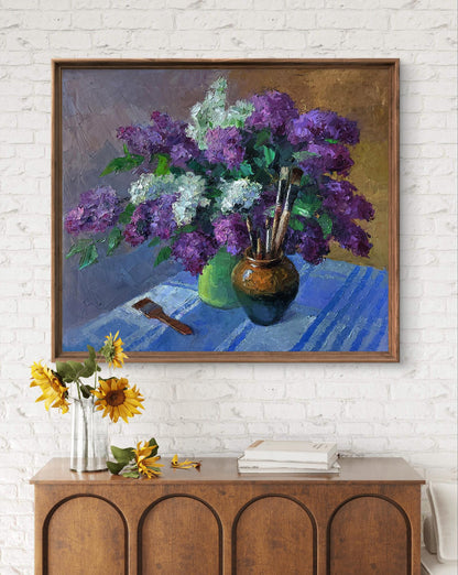 Oil painting Still life with lilac by Boris Serdyuk, vibrant purple white bouquet