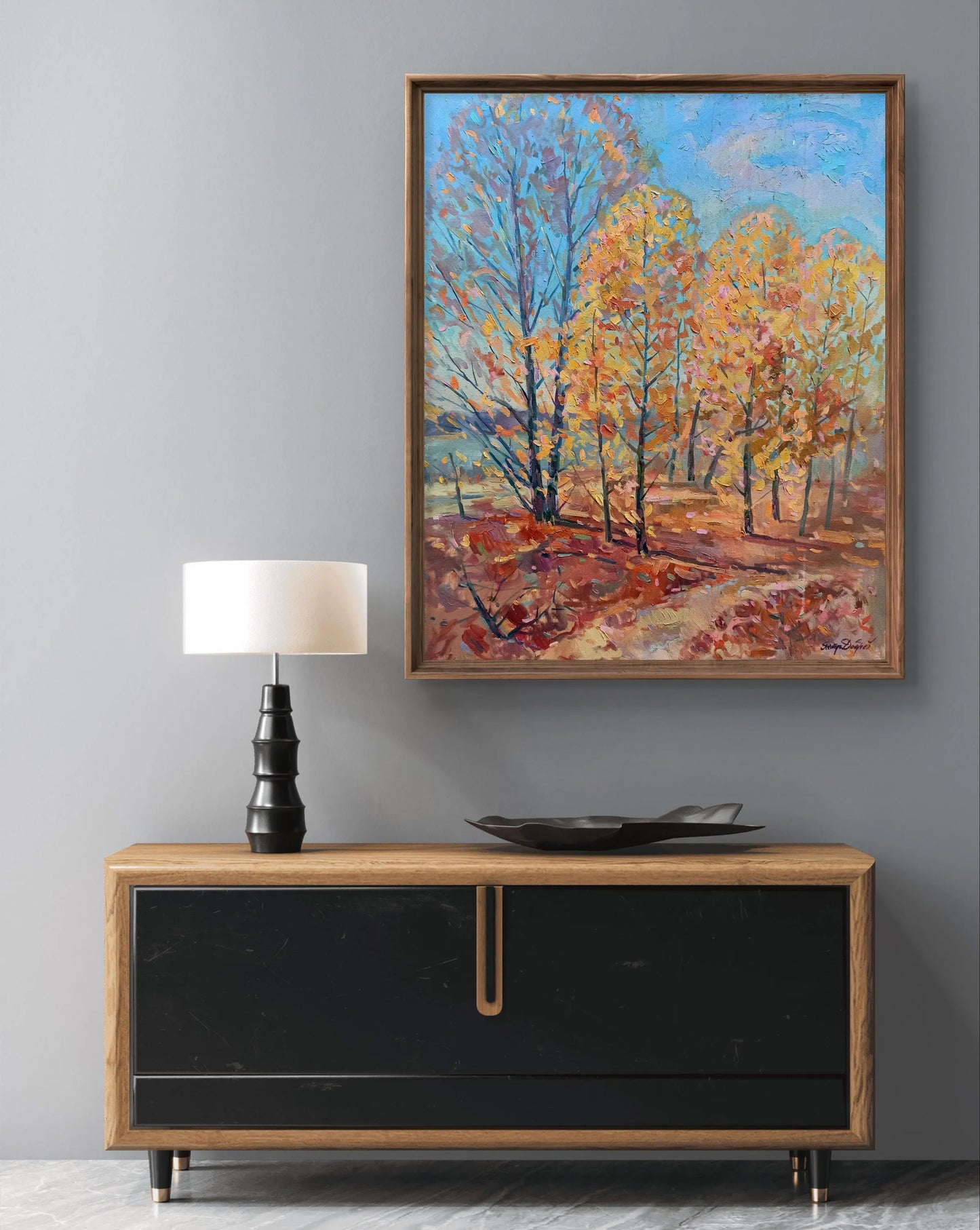 Oil painting Autumn sunny day by Peter Dobrev, vibrant abstract autumn trees