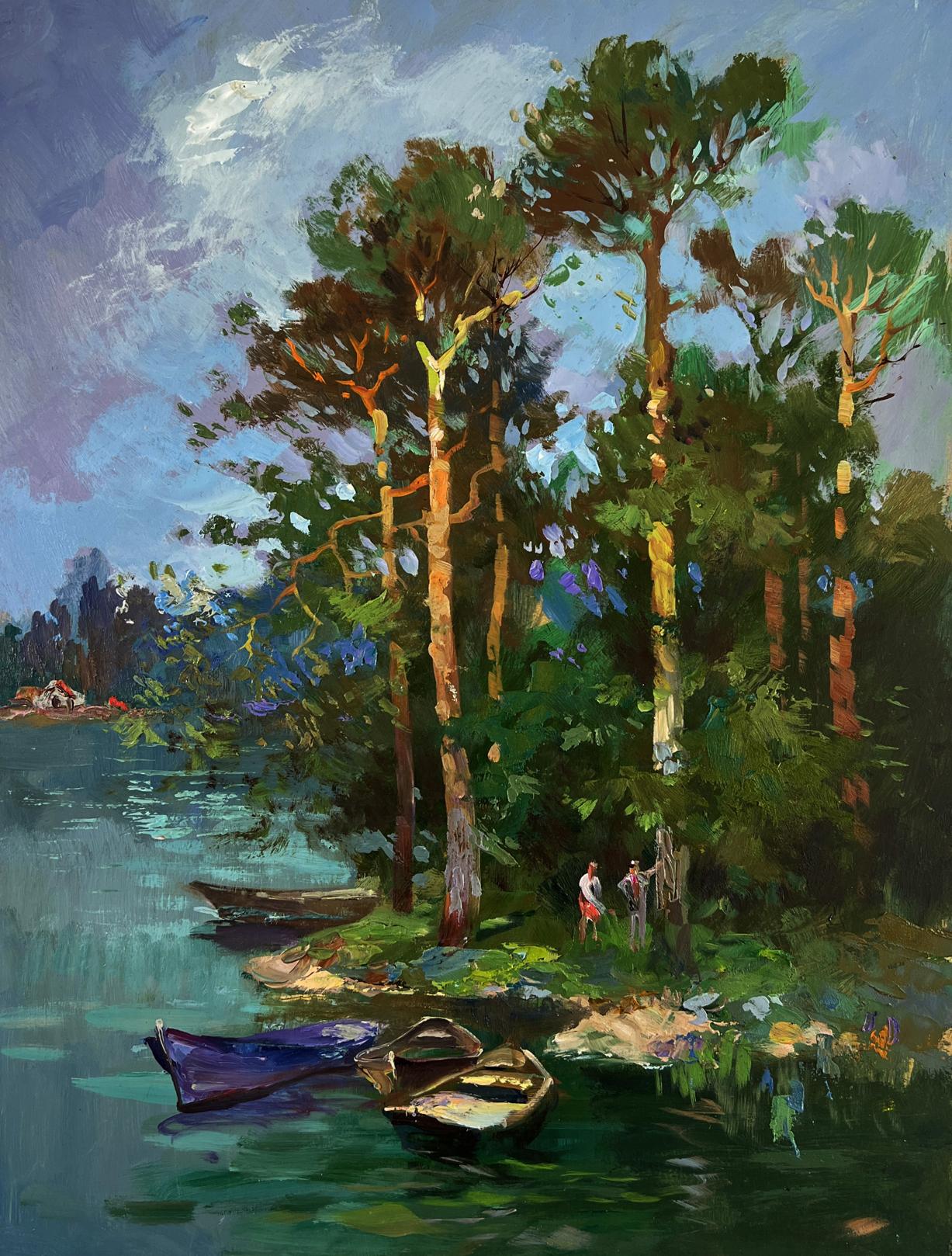 Serene impressionistic oil painting by Yuriy Suprunchuk of pine forest descending to lake with boats