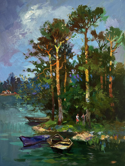 Serene impressionistic oil painting by Yuriy Suprunchuk of pine forest descending to lake with boats