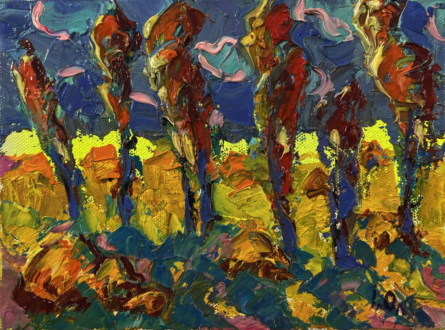 Vibrant Evening Trees oil painting by Oleksiy Ivanyuk with bold textured strokes