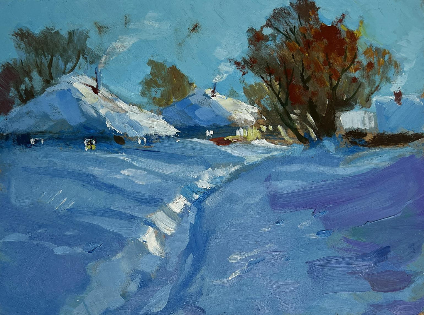 Vibrant oil painting Path through the snow by Yuriy Suprunchuk snowy village scene