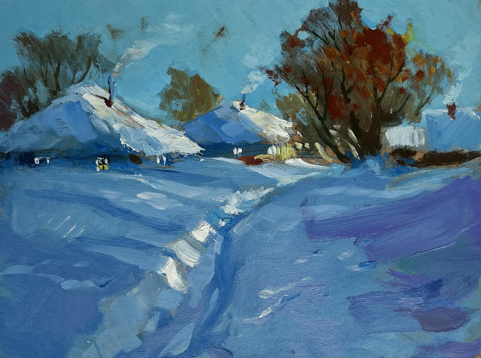 Vibrant oil painting Path through the snow by Yuriy Suprunchuk snowy village scene