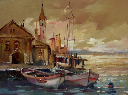 Serene oil painting by Yuriy Suprunchuk of boats at sunset over calm sea