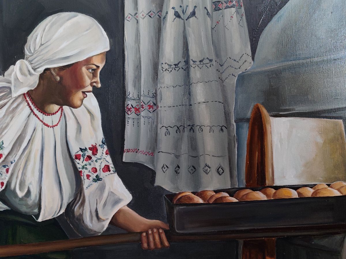 Oil painting of Grandma making pies by Oksana Sklym, woman in white blouse and headscarf with tray of golden-brown baked goods