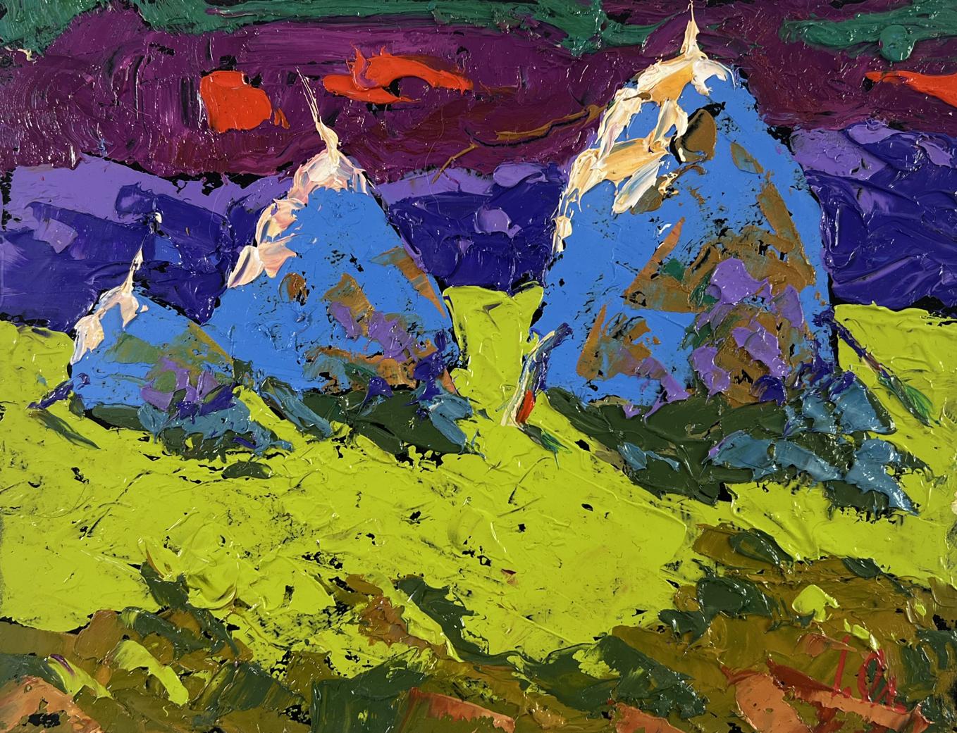 Vibrant impressionist oil painting by Oleksiy Ivanyuk with blue mountains and swirling sky