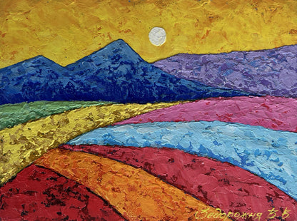 Oil painting Yellow sunset over the mountain by V. Zadorozhnya