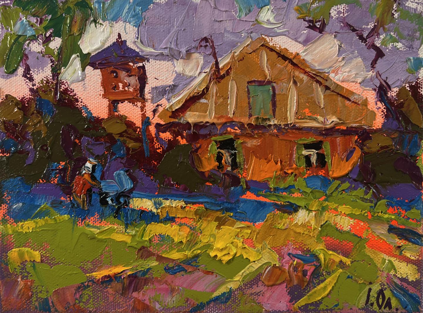 Vibrant impressionist oil painting by Oleksiy Ivanyuk: rustic house sunset sky