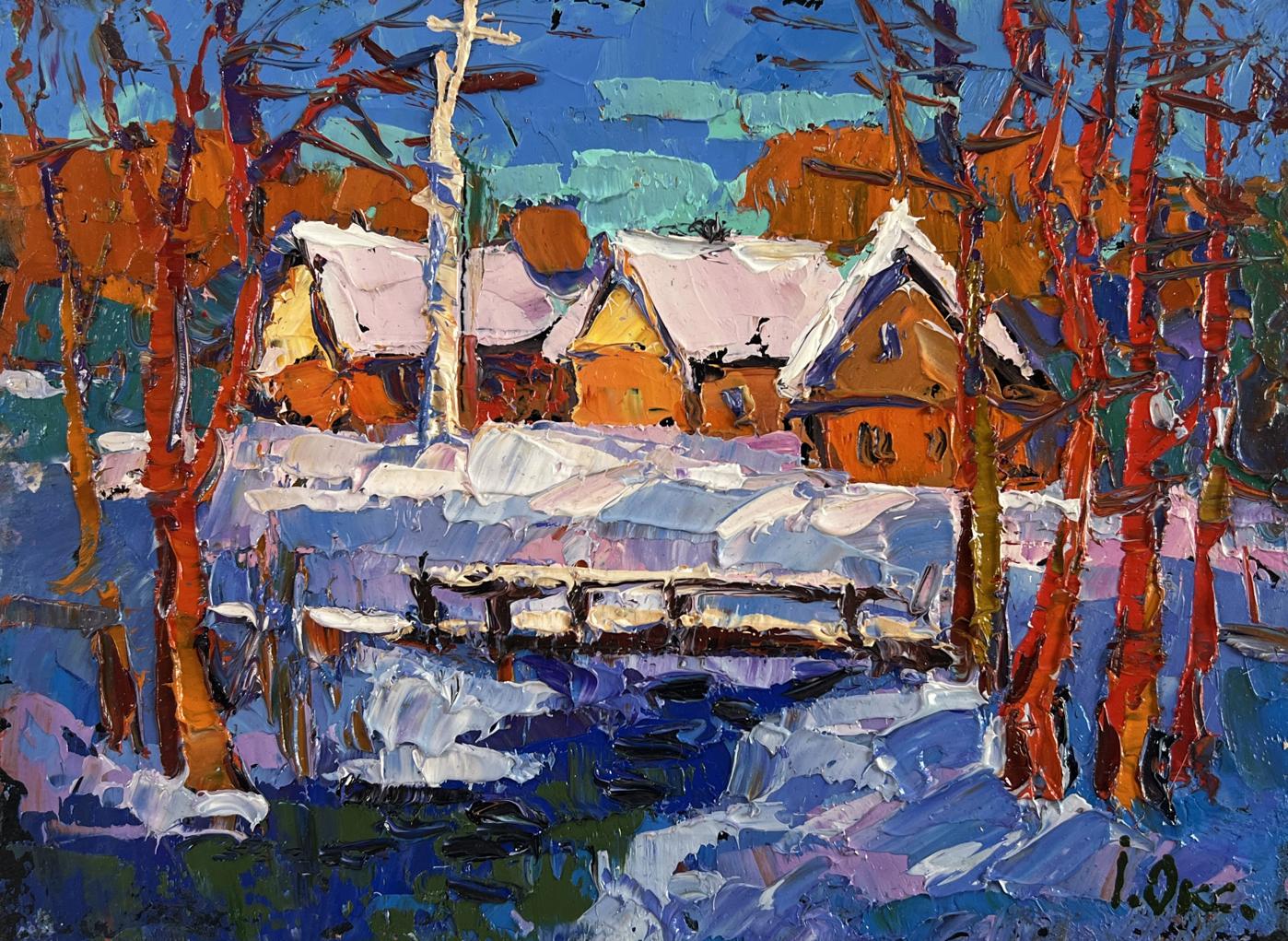 Vibrant impressionist oil painting Frosty breath of dawn by Oksana Ivanyuk snowy village