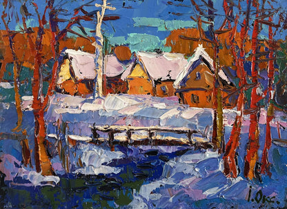 Vibrant impressionist oil painting Frosty breath of dawn by Oksana Ivanyuk snowy village