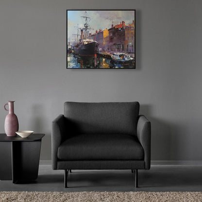 Dark gray upholstered armchair with black legs, Oil painting Morning breath by Volodymyr Gluhomanyuk