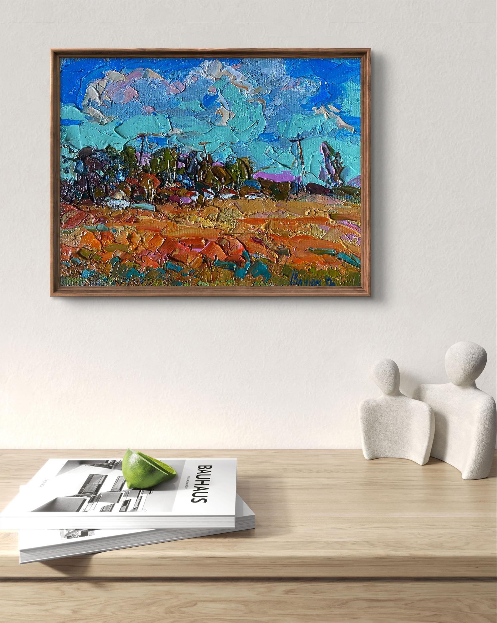 Oil painting Buckwheat stubble by Oleksiy Ivanyuk in wooden frame