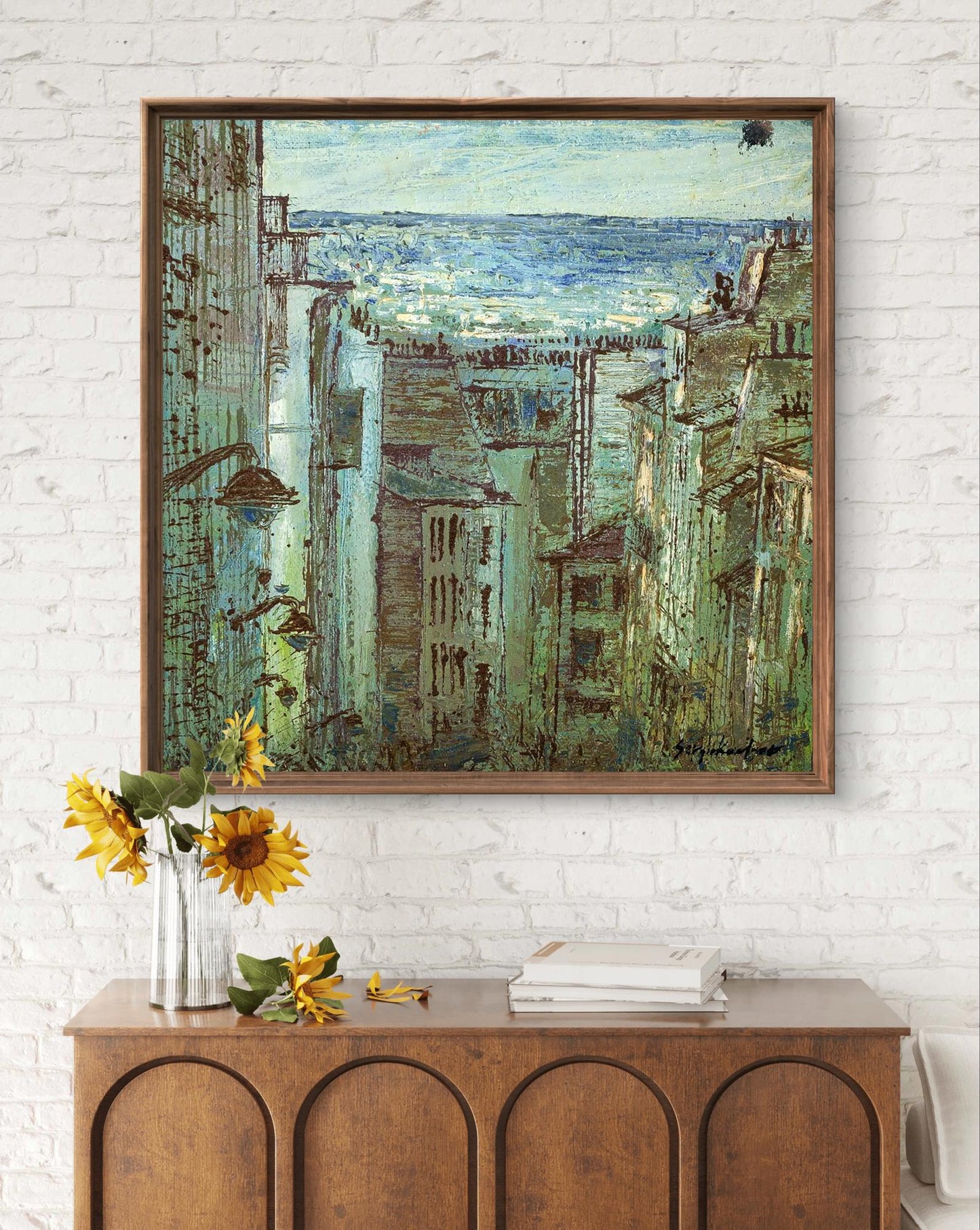 Oil painting Durability by Serhiy Kovalev: textured impressionistic cityscape in greens and blues