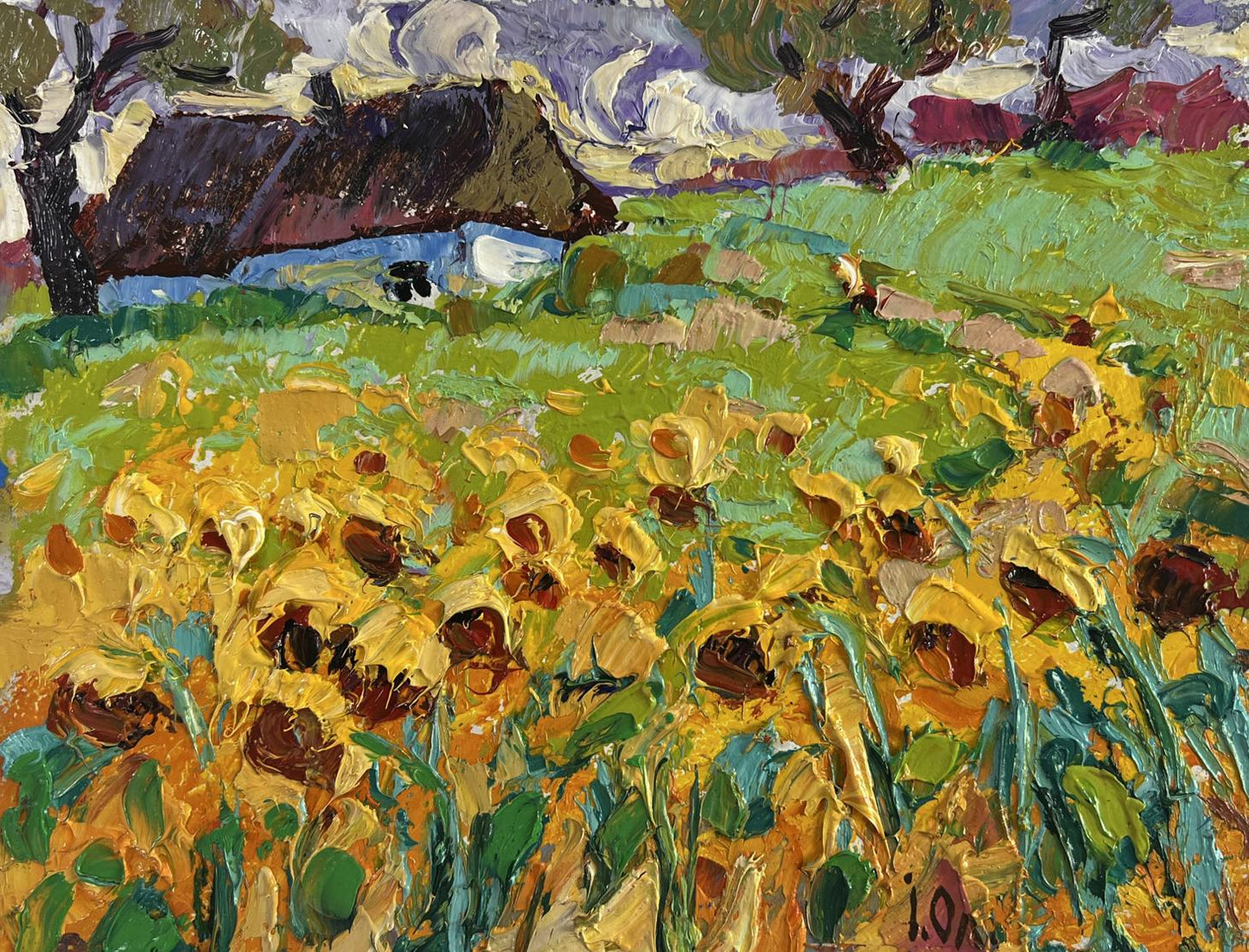 Vibrant yellow sunflowers in lush green field oil painting by Oleksiy Ivanyuk