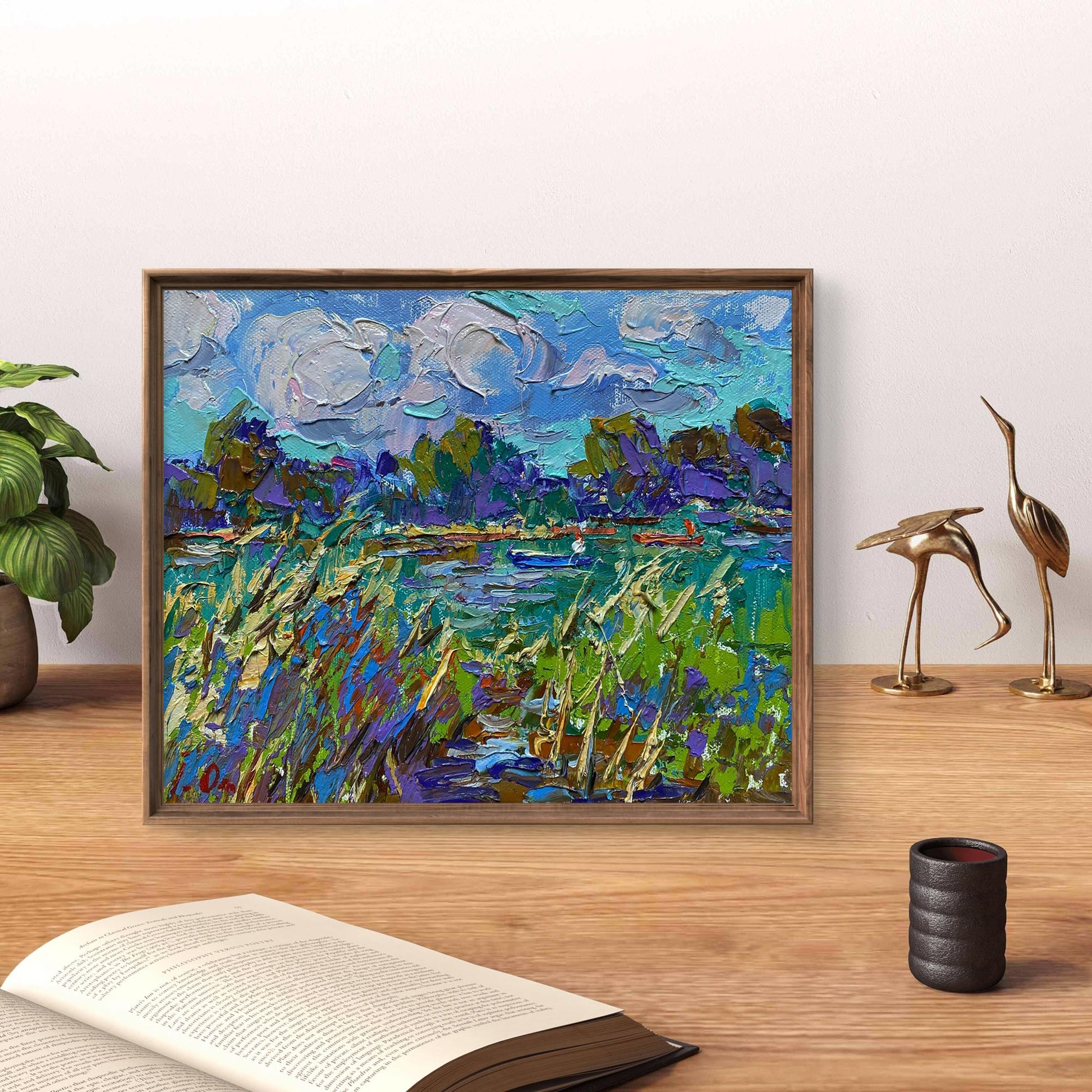 Oil painting Among the Reeds by Oleksiy Ivanyuk in rustic frame