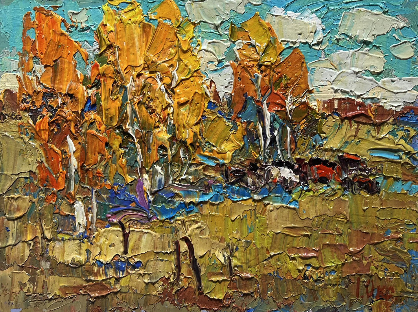 Oil painting Autumn sunny day by Oksana Ivanyuk, impasto autumn trees