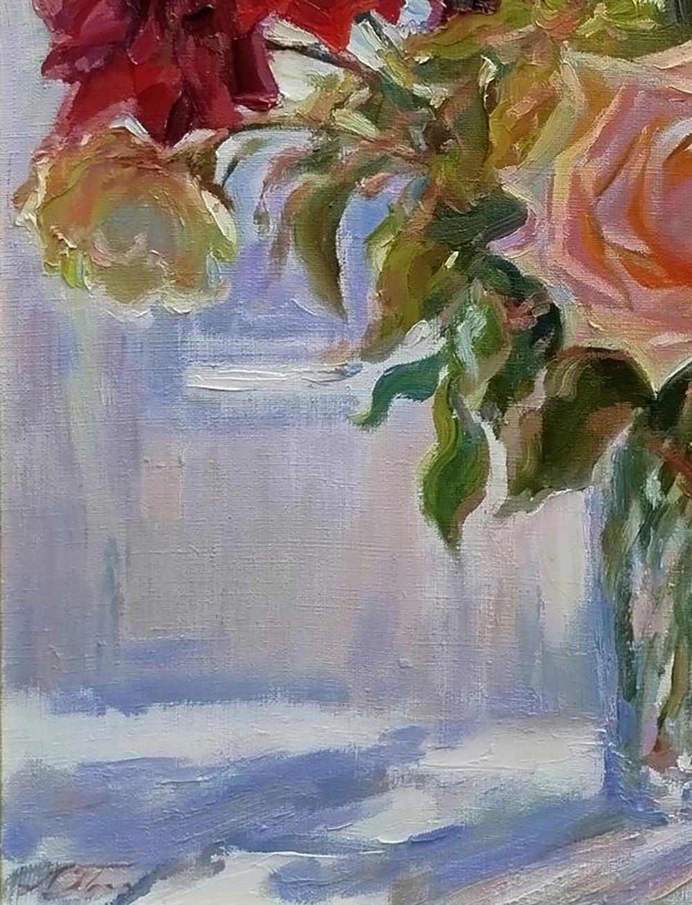 Oil painting of vibrant roses bouquet on windowsill by Leonid Pavlenko