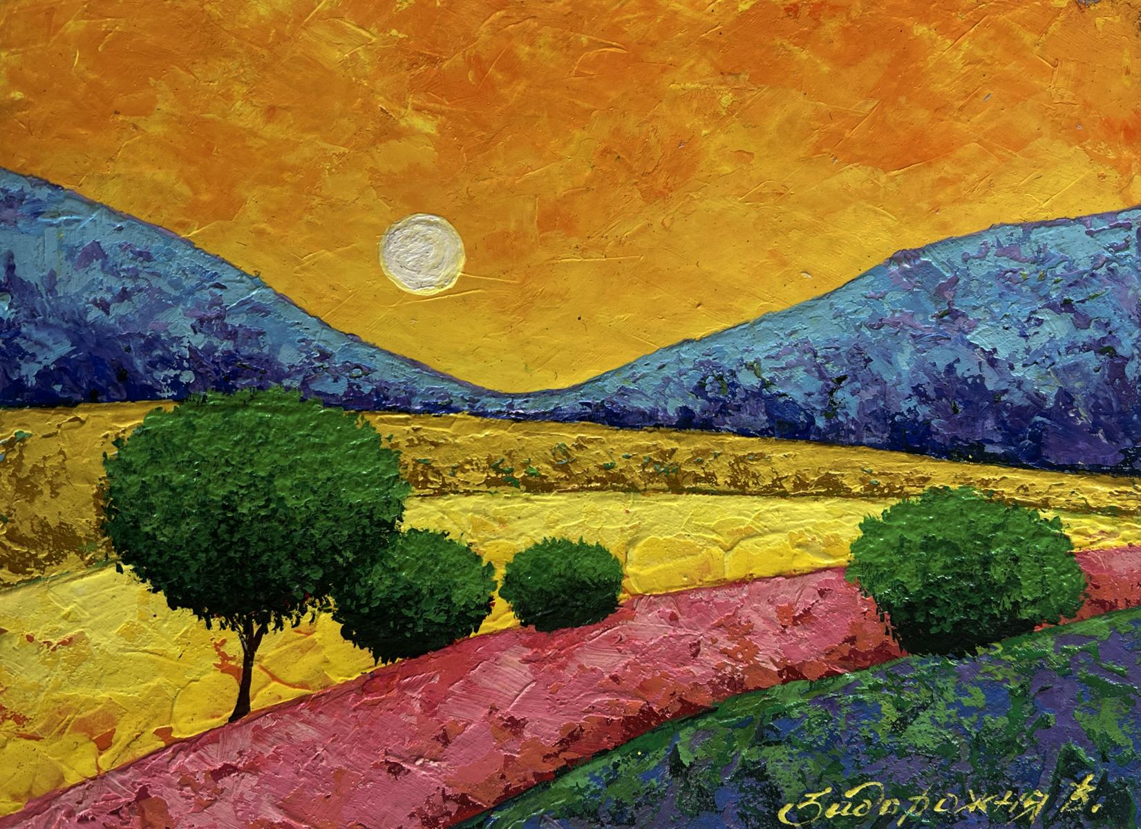 Vibrant impressionist oil painting Between the Field and the Mountains by V. Zadorozhnya