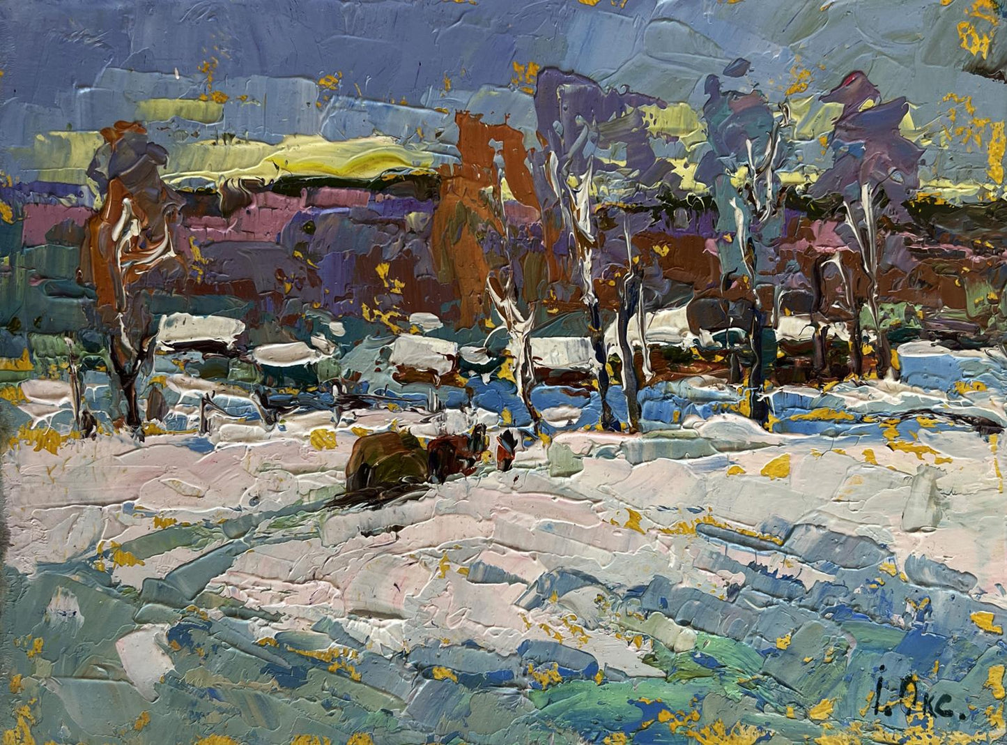 Vibrant impressionist snowy landscape with autumn trees by Oksana Ivanyuk