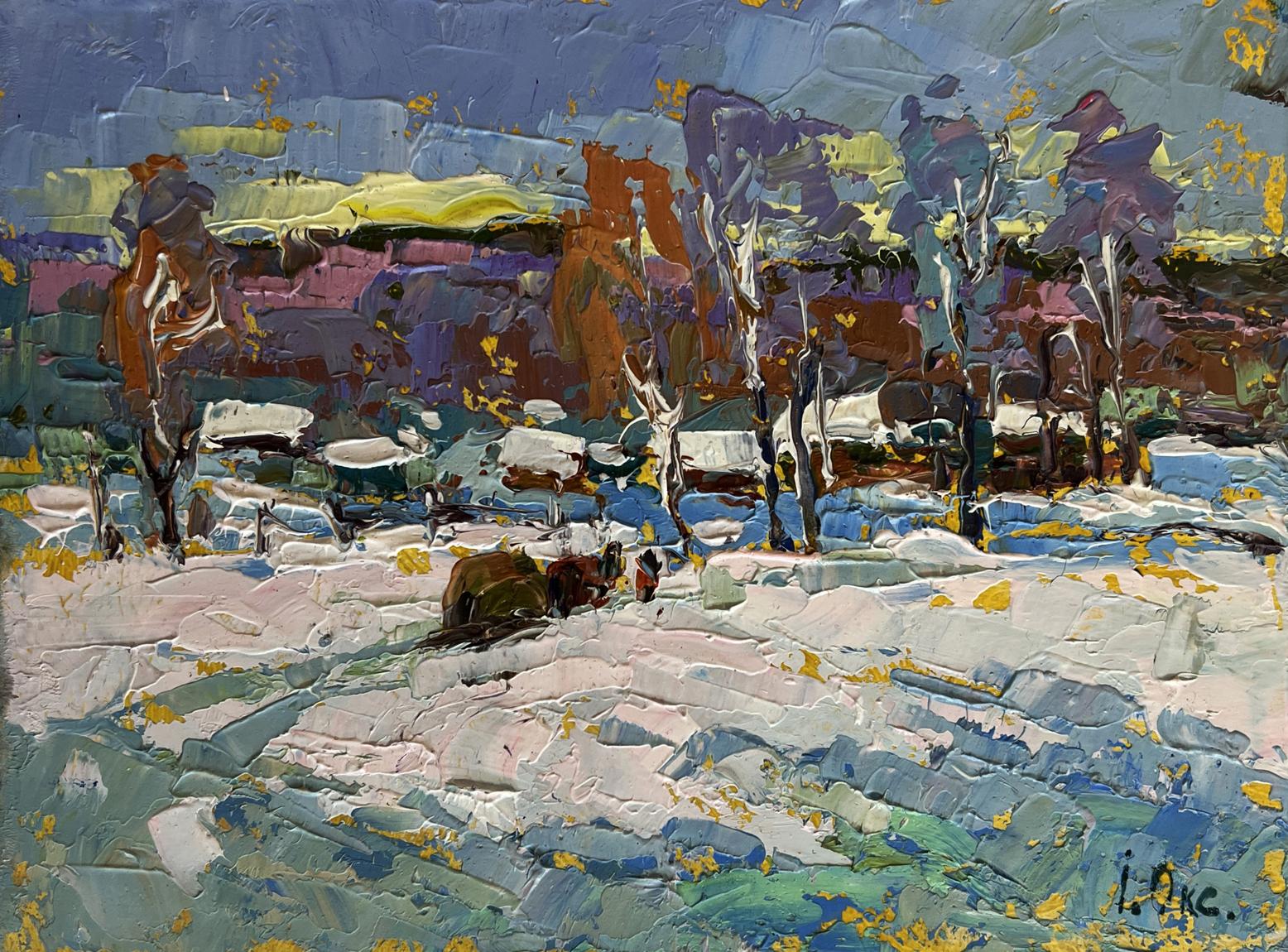 Vibrant impressionist snowy landscape with autumn trees by Oksana Ivanyuk