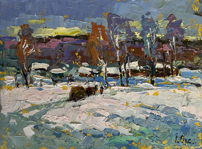 Vibrant impressionist snowy landscape with autumn trees by Oksana Ivanyuk