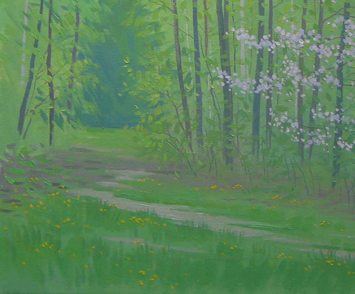 Serene forest oil painting by Valery Savenets with pink blossoms