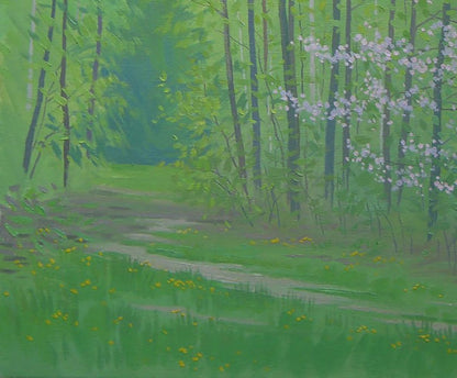 Serene forest oil painting by Valery Savenets with pink blossoms