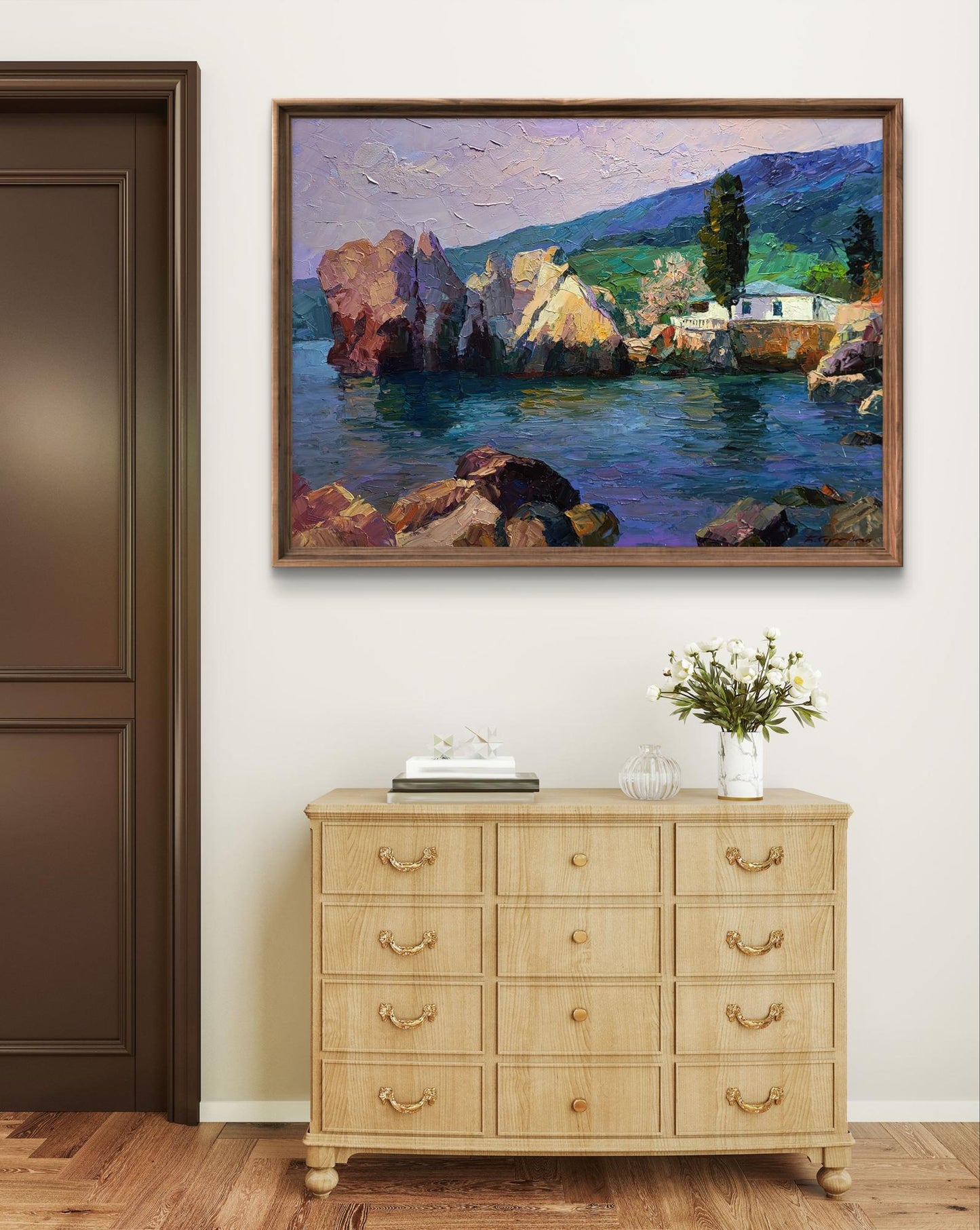 Framed oil painting Morning at sea by Boris Serdyuk, coastal landscape