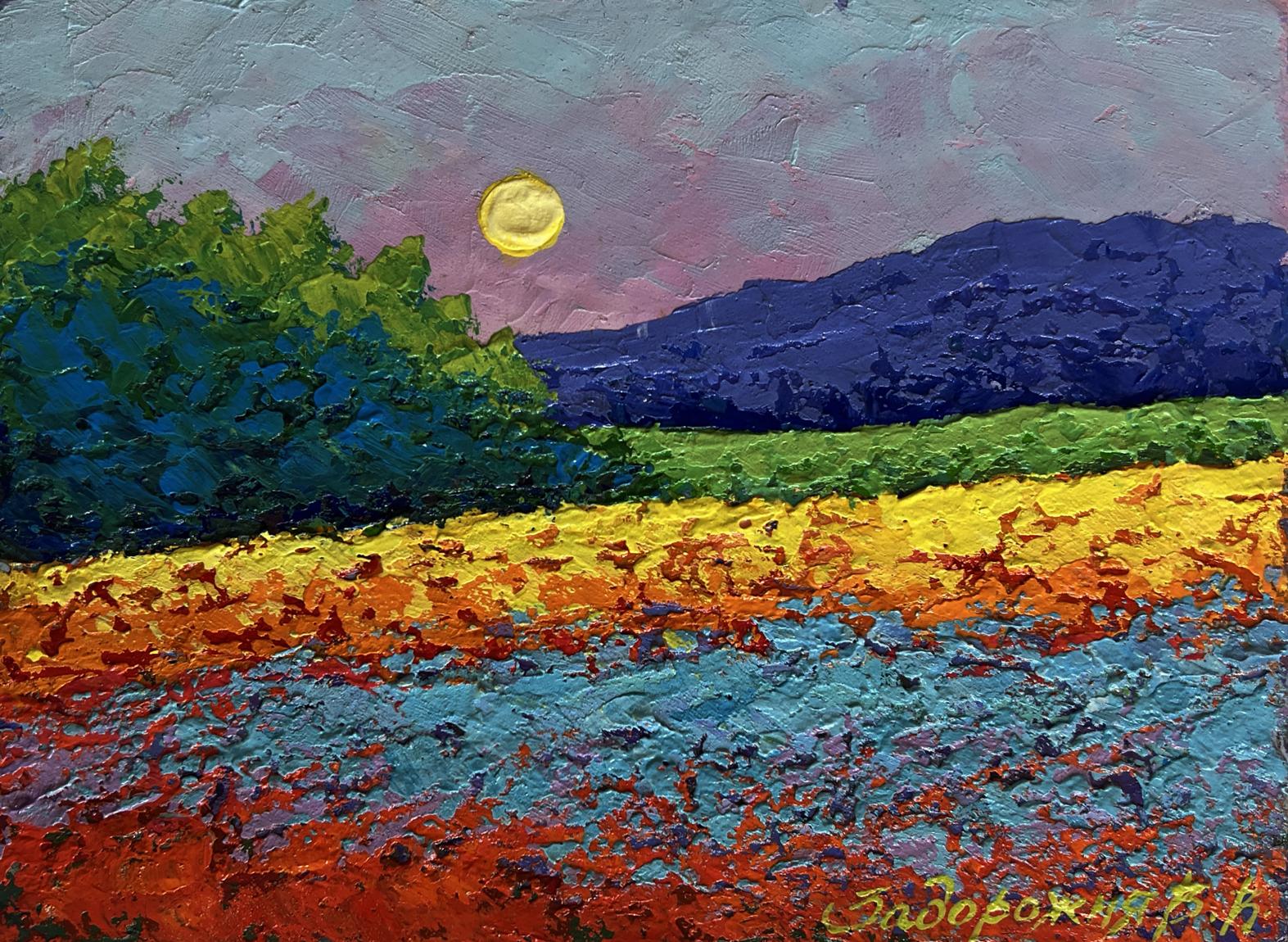 Vibrant oil painting by V. Zadorozhnya: golden moon over sunset meadows and forest