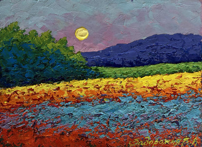 Vibrant oil painting by V. Zadorozhnya: golden moon over sunset meadows and forest