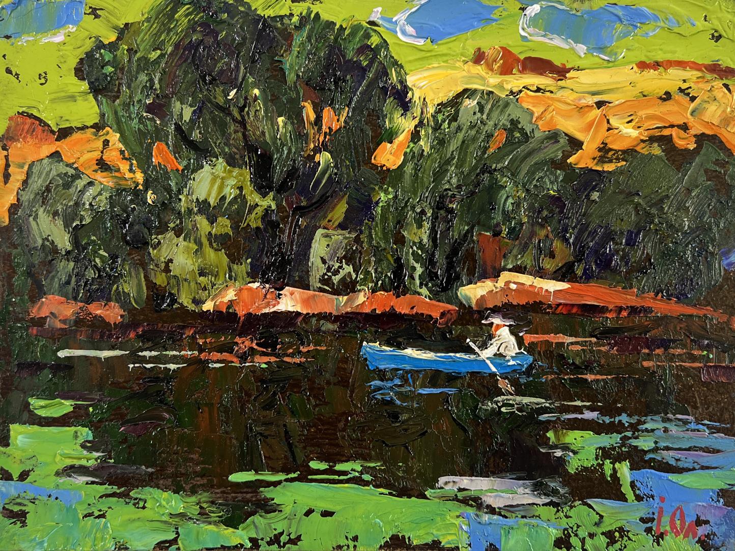 Oil painting Willows bent over the silence by Oleksiy Ivanyuk: blue rowboat on dark water