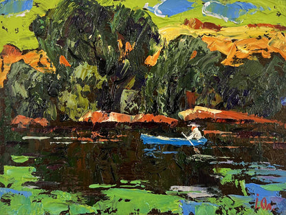 Oil painting Willows bent over the silence by Oleksiy Ivanyuk: blue rowboat on dark water
