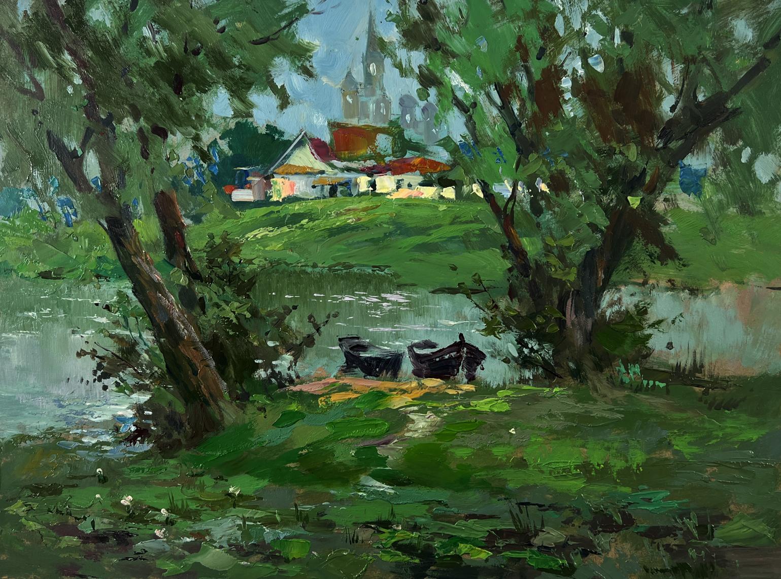 Oil painting of village river with two boats by Yuriy Suprunchuk
