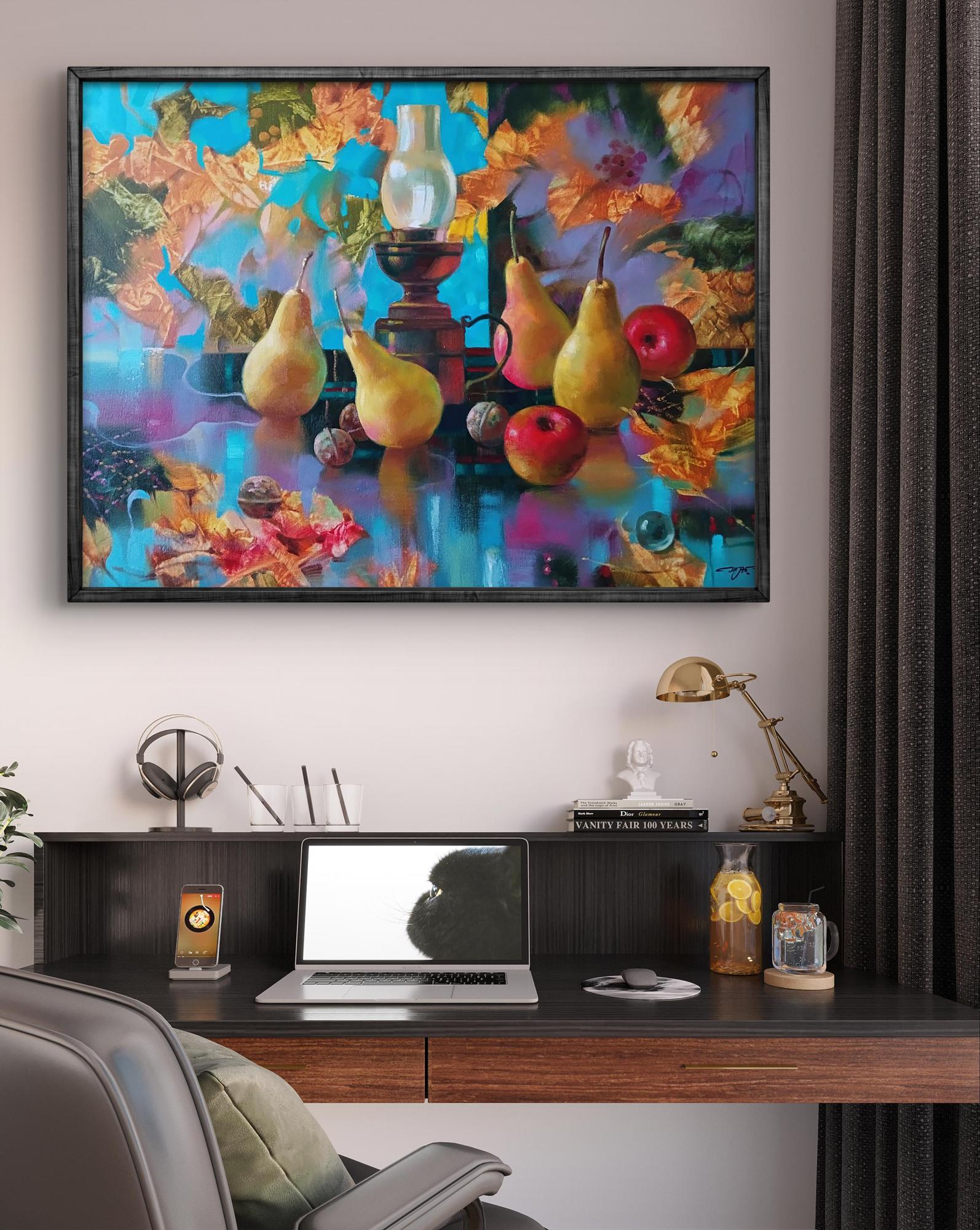 Vibrant abstract oil painting of autumn still life with pears and apples by Anatoly Tarabanov