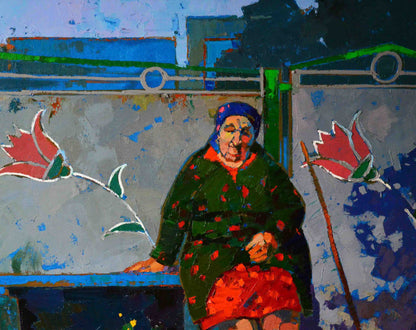 Oil painting Grandma at the Gate by Natalia Korf-Ivaniuk, woman in green coat