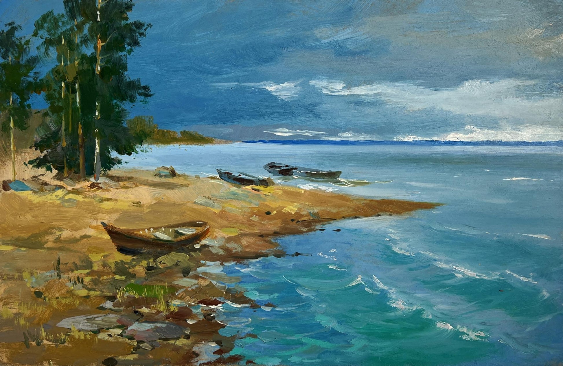 Oil painting The call of distant waves by Yuriy Suprunchuk lakeshore scene