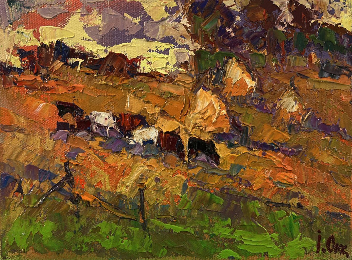 Vibrant impressionist oil painting Autumn evening Oksana Ivanyuk with cows