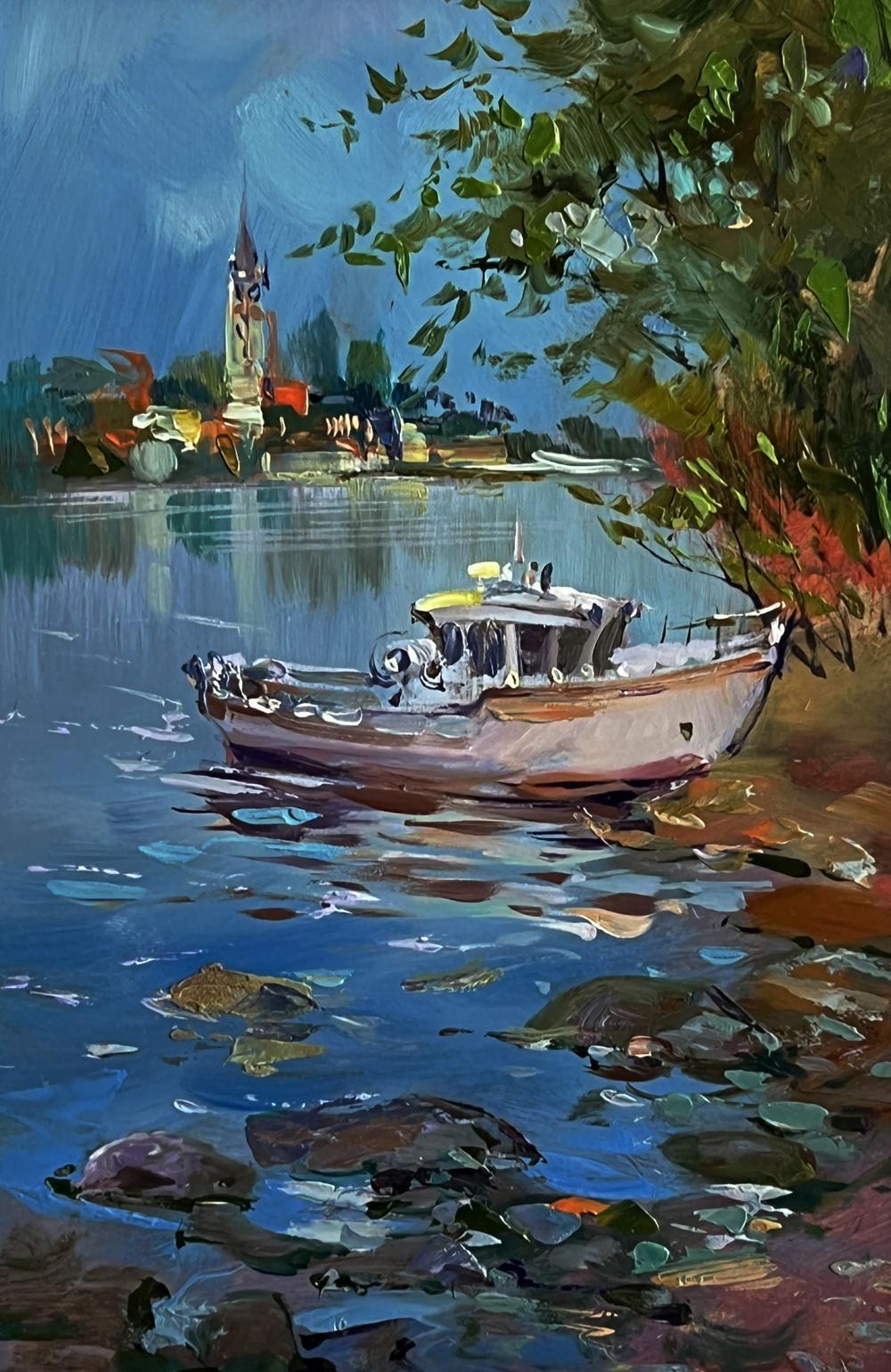 Oil painting of rustic wooden fishing boat by Yuriy Suprunchuk