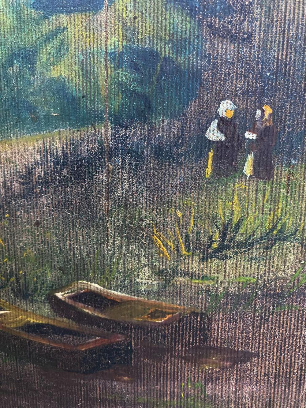 Oil painting of two dark wooden rowboats near the monastery on grassy bank