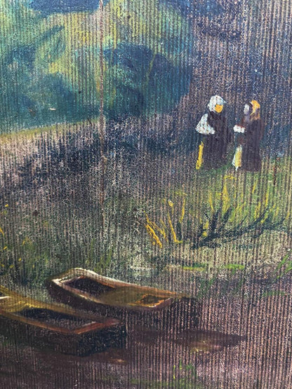 Oil painting of two dark wooden rowboats near the monastery on grassy bank