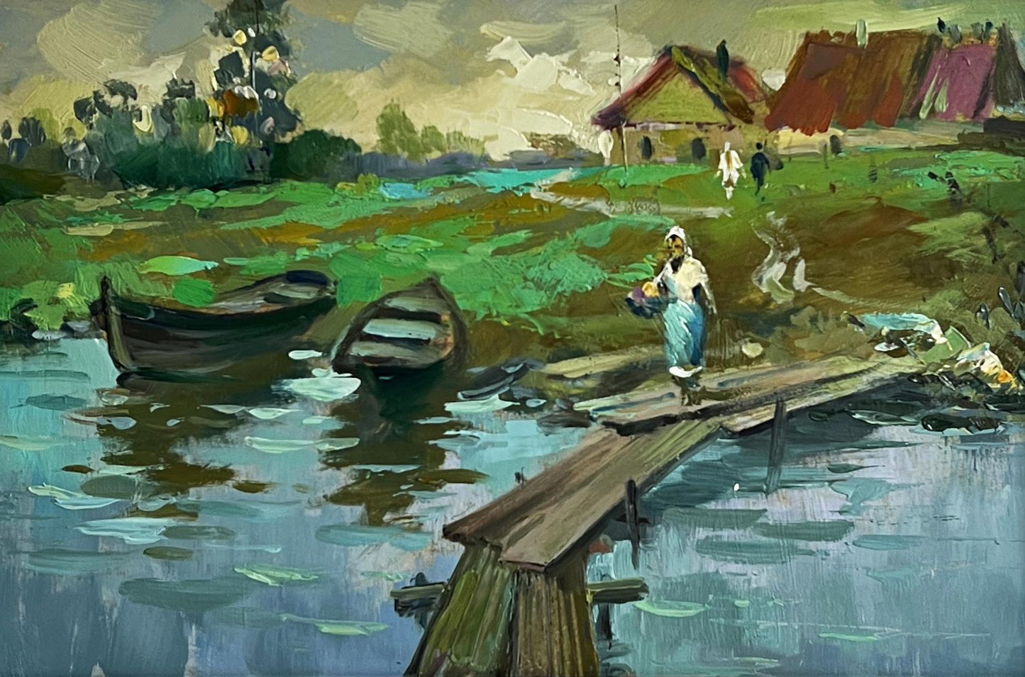 Oil painting by Yuriy Suprunchuk: woman in blue dress on village river dock