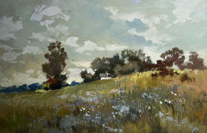 Serene impressionistic oil painting of golden grass meadows by Yuriy Suprunchuk