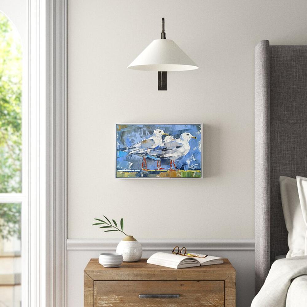 Blue abstract oil painting of three little birds by Volodymyr Gluhomanyuk on wall
